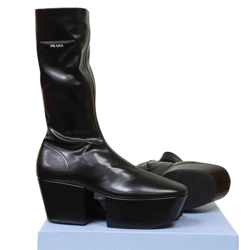 NIB PRADA Black Platform Square Toe Mid Calf Leather Sock Boots Size 39 - Picture 3 of 12